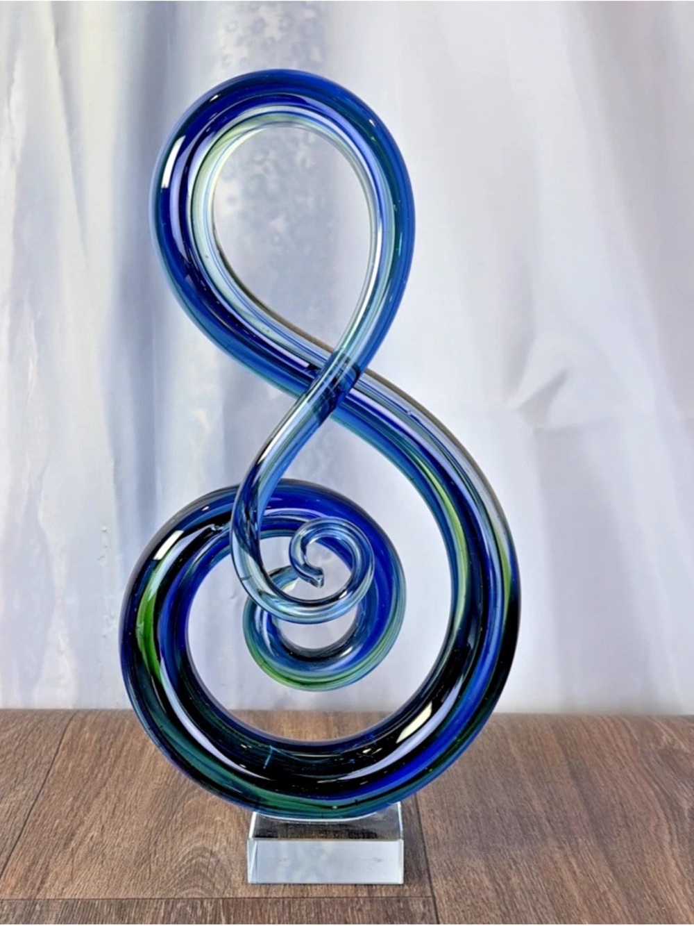 Lg 12" Hand Blown Blue Murano Style Art Glass Sculpture Music Note Treble Clef